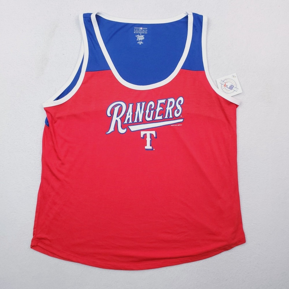 Texas Rangers Tank Top Womens XXL Blue‎ Red Spellout Logo Shirt Baseball MLB NWT